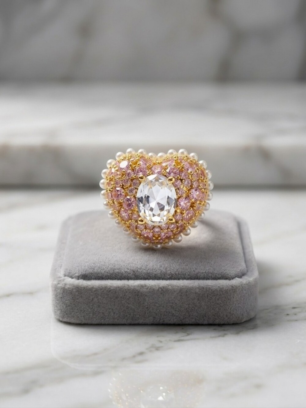 Swarovski Idyllia Heart Cocktail Ring, Oval Cut, Crystal Pearls, Pink, Gold-Tone